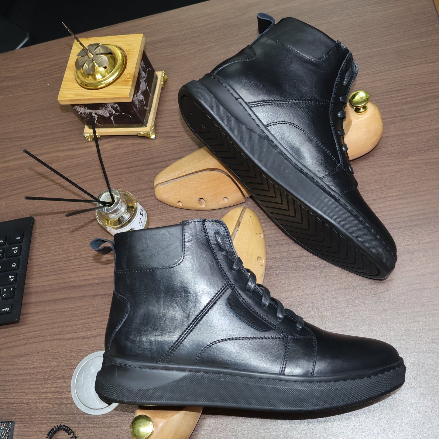 Bottines Montantes en Cuir Lisse Noir