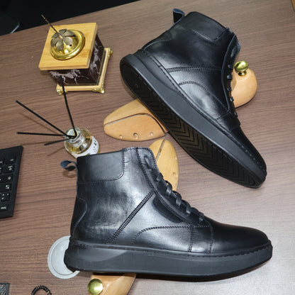 Bottines Montantes en Cuir Lisse Noir